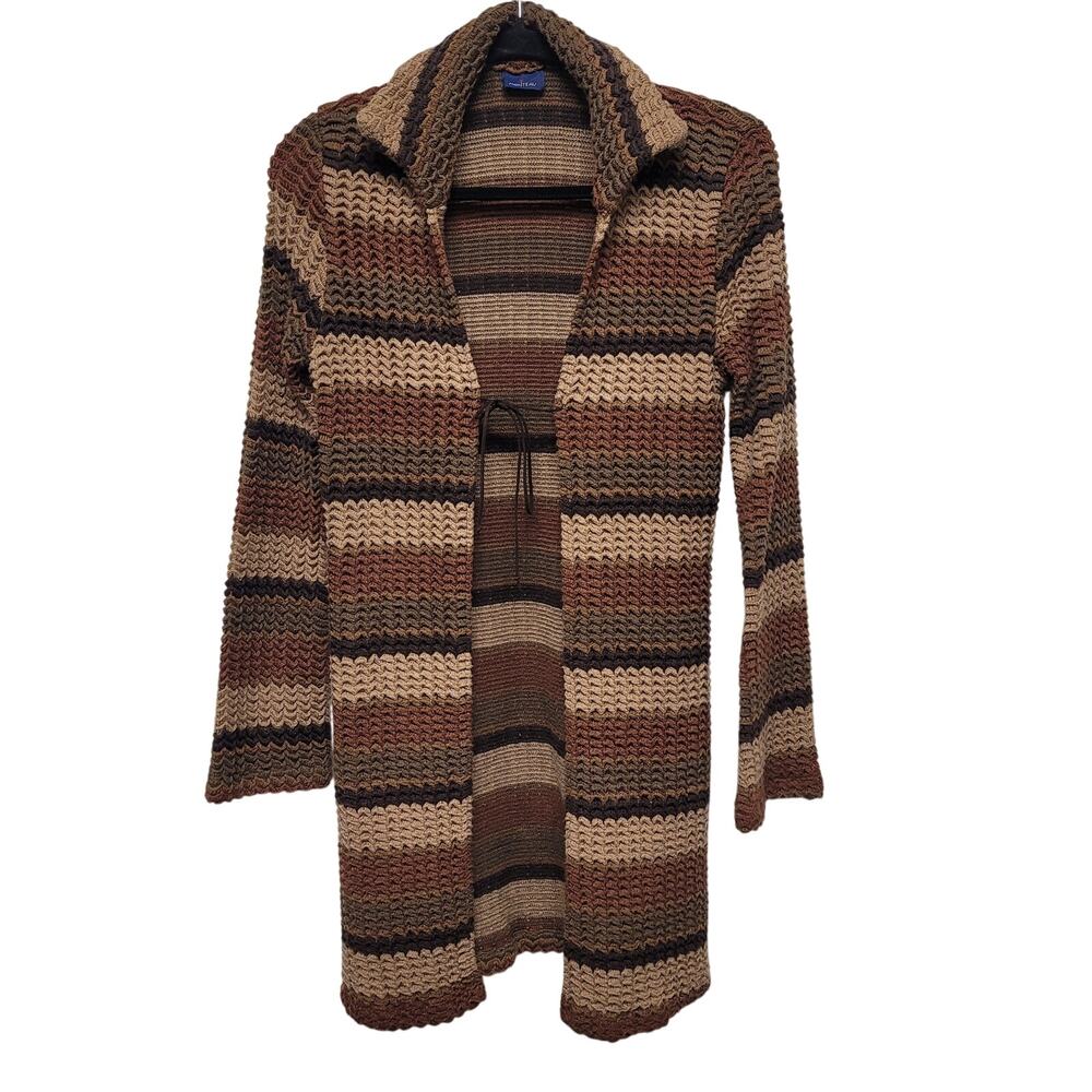 Monteau Brown Stripe Long Cardigan Sweater Duster Boho Grandpacore